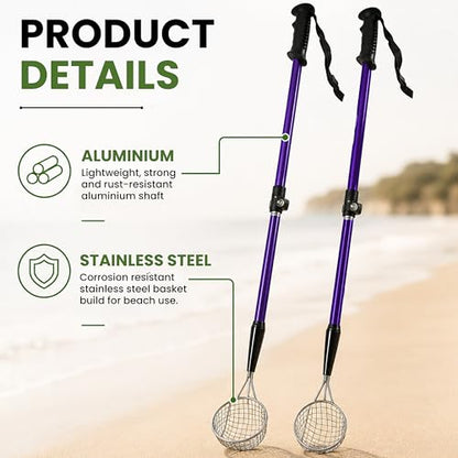 VOS Sand Sifter 2-Pack | Adjustable Handle 21"–33" | Stainless Steel Beach Scoop for Seashells, Shark Teeth & Sea Glass | Lightweight Aluminium, Rust-Resistant – Blue - color: Blue