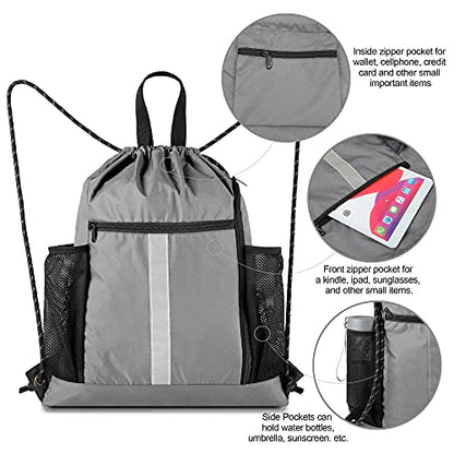 BeeGreen Grey Drawstring Bag Pack Gym Sackpack w Shoe Compartment Two Water Bottle Holder Portable String Sinch Sack for Gymnastic Athletic Beach Travel - color: Grey, style: Drawstring With Shoe Compartment