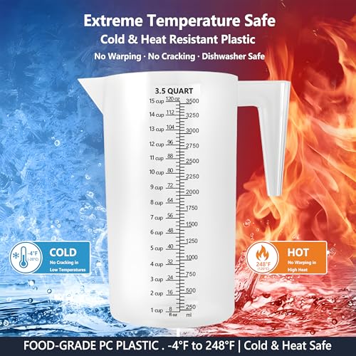 120oz Plastic Measuring Pitcher, 3500ml for Oil, Chemicals & More | Clear laser-etched markings, easy-pour spout, sturdy handle, and large 120oz capacity for measuring and mixing liquids. - size: 120 Ounces