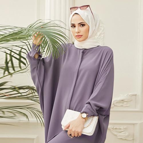 IKADEX Women Batwing Sleeve Abaya Button Loose Fit Long Maxi Muslim Dress Islamic Kaftan Prayer Robe - color: Purple