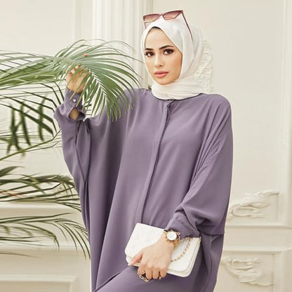 IKADEX Women Batwing Sleeve Abaya Button Loose Fit Long Maxi Muslim Dress Islamic Kaftan Prayer Robe - color: Purple