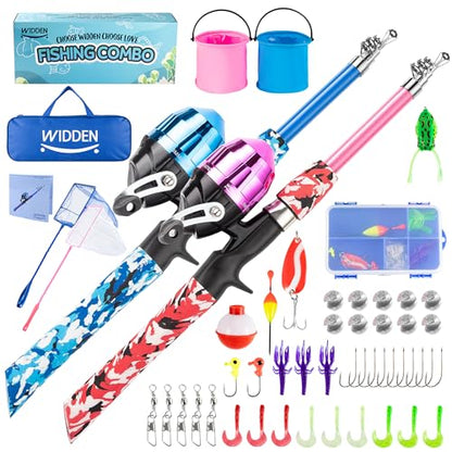 WIDDEN Kids Fishing Pole, Portable Telescopic Kids Fishing Poles for Boys and Girls, Fishing Rod and Reel Combo Kit with Tackle Box, and Fishing Net, Best Fishing Pole for Toddler Youth - color: Blue+Pink