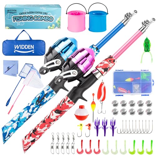 WIDDEN Kids Fishing Pole, Portable Telescopic Kids Fishing Poles for Boys and Girls, Fishing Rod and Reel Combo Kit with Tackle Box, and Fishing Net, Best Fishing Pole for Toddler Youth - color: Blue+Pink