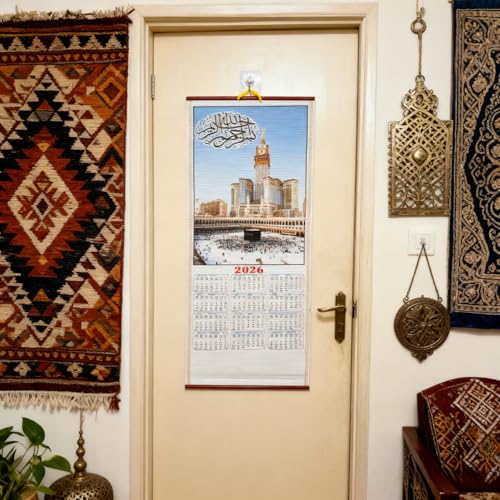 KYMY 2026 Arabic Wall Scroll Calendar, English French Arabic Muslim Multilingual Hanging Calendar, Islamic Mosque Imitation Rattan Wall Decor for New Year Home Office Door Decoration