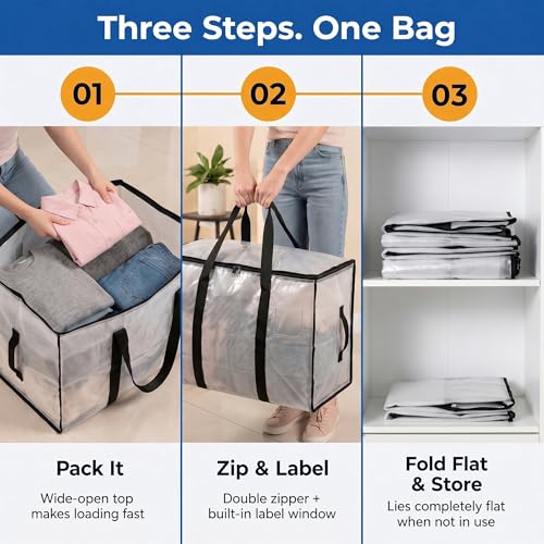 ClearSpace Heavy Duty Moving Bags - Water Resistant Storage Bags with Backpack Straps, Zippers and Handles - Large Moving Boxes for College Dorm, Travel, Closet Organization - 6 Pack, Clear | Heavy-duty moving bags with backpack straps, zippers, and handl