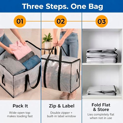 ClearSpace Heavy Duty Moving Bags - Water Resistant Storage Bags with Backpack Straps, Zippers and Handles - Large Moving Boxes for College Dorm, Travel, Closet Organization - 6 Pack, Clear | Heavy-duty moving bags with backpack straps, zippers, and handl