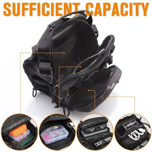 Small Fishing Backpack, Waterproof Fly Fishing Sling Pack Tackle Bag with Tackle Boxes - color: A-Black(Size:17.7*8.5*5.7in)