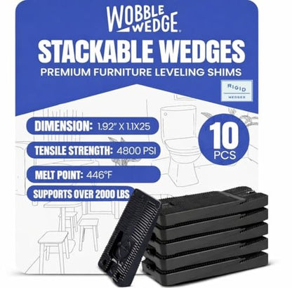 Wobble Wedge Rigid Heavy Duty Leveling Plastic Shims, Black, 10-Pack | Made in USA Rigid Shims with Tough, Durable, Interlocking Non-slip Grip Design; Multipurpose Leveling for Varied Projects - size: 10