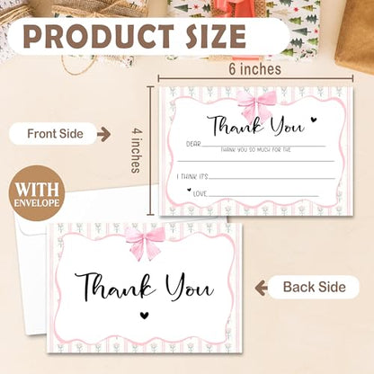 Kids Thank You Cards with Envelopes, Pink Bow Theme Fill in the Blank Thank You Notes for Kids, Toddler Stationery Set, Ideal for Birthday Party, Graduation & School Gag Gifts - B04 - color: Pink Bow Style