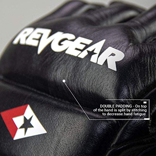 Revgear Pro Series Deluxe Leather MMA Glove | Gel Sparring Gloves | Double Padding | Extra Wrist Protection (Black, Small)