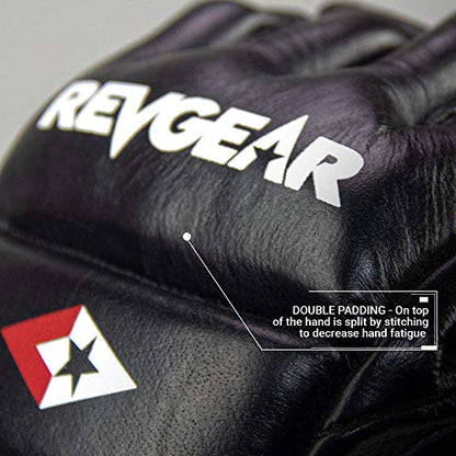 Revgear Pro Series Deluxe Leather MMA Glove | Gel Sparring Gloves | Double Padding | Extra Wrist Protection (Black, Small)