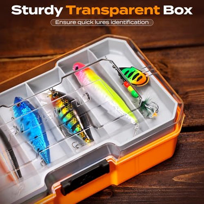 PLUSINNO Bass Fishing Lures Tackle Box Gear Kit with Tackle Included | Waterproof, Compact & Customizable, Bass Trout Fishing Gear Kit, Freshwater Topwater, 16 Rigs, Fishing Gifts for Men Starter - color: Orange 373 PCS Lures Box