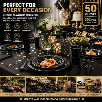 Tinybee 352 Pcs Black Plastic Plates, Disposable Dinnerware Set for 50 - color: Black