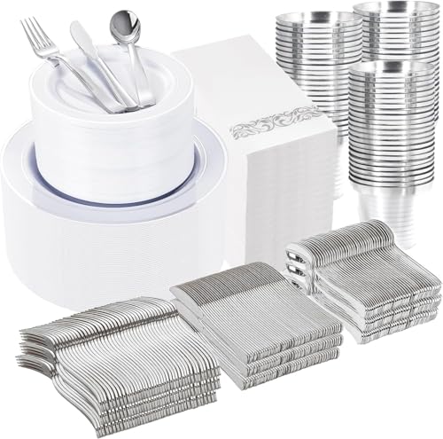 WELLIFE 700 Pieces Silver Plastic Dinnerware Set for 100 Guests - Includes Plates, Cups, Napkins, and Disposable Cutlery - Elegant White & Silver Design, Perfect for Parties and Events - color: Silver, style: 700PCS（100Guests）