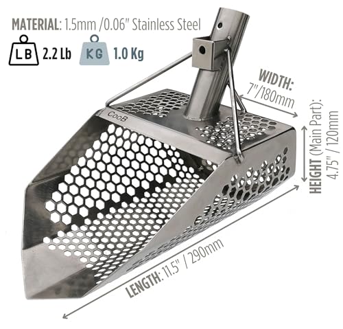 CooB Upgraded Beach Sand Scoop Metal Detector Tool Pro Series Shark 710 | Stainless Steel 1.5mm. Mixed Hexahedron 7-10mm Holes. Light and Strong Metal Detecting Hunting Tool. Powered by CooB