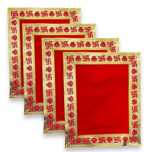 LOVENSPIRE Red Velvet Pooja Aasan Cloth for Mandir, Chowki & Home Decoration – Traditional Indian Prayer Mat for Diwali, Navratri, and Festival Rituals 9x13 Inches-4pcs - size: 9x13 Inches-4pcs