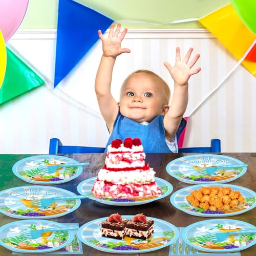 Qyeahkj 100 Pcs Baptism Plates and Napkins, First Holy Communion Party Blue Paper Disposable Tableware Decorations for Boys God Bless Decor for Christening Celebration Party Baby Shower, Serves 25 - style: First Holy Communion