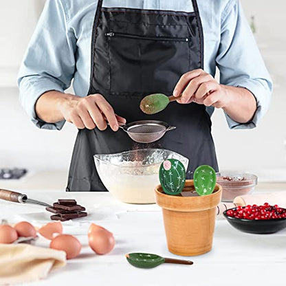5 Pieces Measuring Spoons Set/Ceramics Spoons and Measuring Base Cup/for Dry and Liquid Ingredient, Cute Cactus Shape (Solid color base) - color: Solid color base