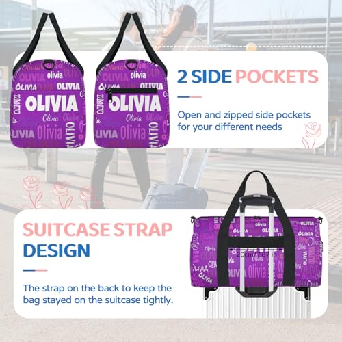 Personalized Teens Dark Purple Sport Duffle Gymnastics Carry On Bag | Custom Name Weekender Bag for Women Men Travel Business Trip - color: Dark Purple