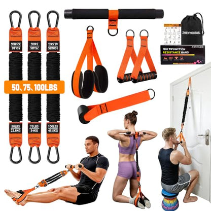 Upgraded Multifunction Pedal Resistance Band with Handle, Exercise Bands with 3 Tube Adjustable Resistance Bands, Pedal, Door Anchor and 3 Handles, for Full Body Training for Abs Arm Leg Waist Workout