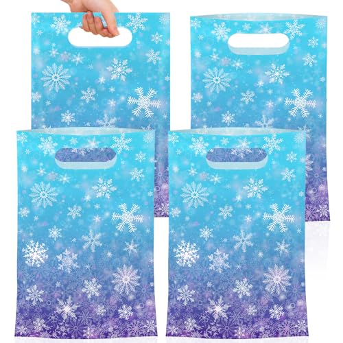 50 Pcs Winter Snowflake Gift Bags, Plastic Frozen Goodie Bags with Handles, Blue and Purple Candy Goodie Party Favor Bag for Winter Wonderland Christmas Birthday Decorations Frozen Party Supplies - color: Snowflake