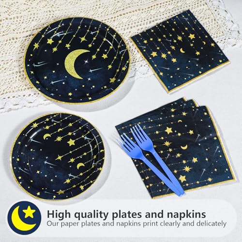 Grencian Gold Star Moon Party Supplies - 96Pcs Moon and Stars Party Supplies Plates and Napkins Navy Blue Celestial Hanging Crescent Disposable Tableware for Celestial Birthday Decorations Serve 24 - style: Navy Blue Stars Moon Sets