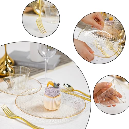 HOMIP 350 PCS Plastic Dinnerware Set (50 Guests), Clear Party Plates Include 50 Dinner Plate, 50 Dessert Plate, 50 Cups, 50 Gold Cutlery Set And Pefect for Party and Wedding - size: 350PCS