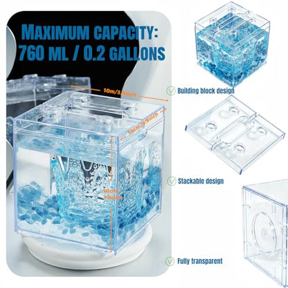 Mini Sea Monkey Tank, Small Betta Fish Aquarium Kit for Temporary Use, 0.2 Gallon Stackable Tiny Cube Tank with Gravels & Aquarium Decor for Raising Brine Shrimp, Seaweed Balls