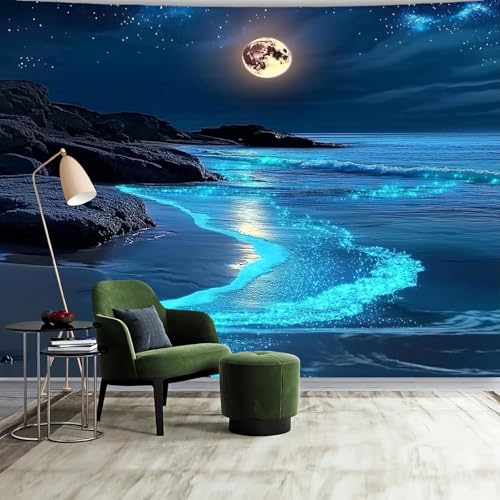 FENDROM 3D Fantasy Nature Sky Tapestry Stunningly Beautiful Moon Over Ocean Wall Hanging Landscape Wall Art Blanket for Bedroom Living Room - color: Blue, size: 59"L x 39"W