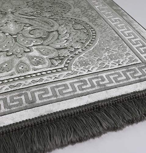 Modefa Luxury Velvet Prayer Rug with Prayer Beads | Soft Elegant Muslim Turkish Janamaz Sajada Carpet for Men and Women | Plain Solid Prayer Mat Ramadan Eid Gift - Paisley (Silver Grey) - color: Silver Grey