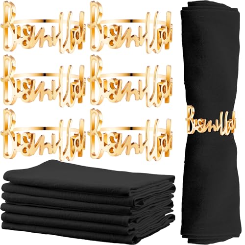 12 6 Set Gold Napkin Rings and Cotton Napkins Bismillah Letter Metal Napkin Buckles Dinner Cloth Napkins Muslim Table Decoration for Ramadan Party Islamic Holiday (Black) - color: Black