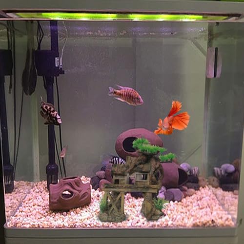 kathson Aquarium Decorations Fish Tank Ornaments House on Terrace with Tree Root Resin Handicrafts for Betta Fish