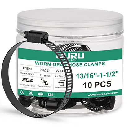 OURU 10PCS 13/16"-1-1/2" Black Hose Clamp,Adjustable 21-38mm Small Hose Clamps Stainless Steel,Metal Worm Gear Drive Hose Clamps for Automotive,Plumbing,Intercooler,Pipe,Fuel Line Radiator Clamp - size: 10PCS (13/16" - 1-1/2")