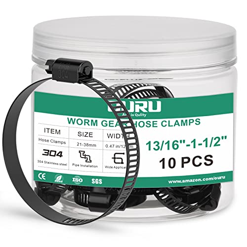 OURU 10PCS Black Hose Clamp Stainless Steel Adjustable 13/16"-1-1/2" | Heavy Duty, Rust Resistant, Worm Gear Small Hose Clamp， Automotive, Pipe, Radiator Plumbing, Fuel Line - size: 10PCS (13/16" - 1-1/2")