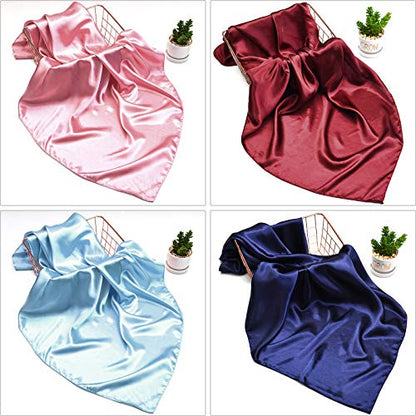 Syhood 4 Pcs 35 Inch Head Satin Large Bandana Satin Scarves Head Scarf for Women's Hair Square Scarf - color: Wine Red, Navy Blue, Sky Blue, Skin Pink