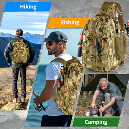 PLUSINNO Fishing Backpack, Fishing Bag, Waterproof Sling Tackle Bag For Fishing Gear With Rod Holder, Fish Gifts for Men - color: Khaki Backpack With Fishing Gear
