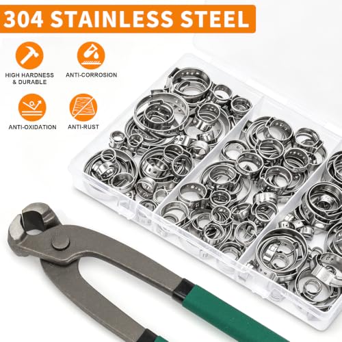 125PCS Sieqioor 10 Sizes Single Ear Clamp Kit,304SS 5.3-29.6mm, With Pincer | 304 Stainless Steel Single Ear Hose Clamp, Stepless Hose Clamps Cinch Rings for Automotive, Home Appliance Line and Plumbing - size: 125pcs+1pcs Pincer