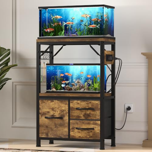 Heybly 5-10 Gallon Fish Tank Stand, Aquarium Stand with Drawer, Power Outlet, Heavy Duty Metal Frame, for Fish Tank, Turtle & Reptile Terrarium, 20.5" × 10.2" Top, 200lbs, Rustic Brown HAS002SSR-1 - color: Rustic Brown, size: 5-10 gal