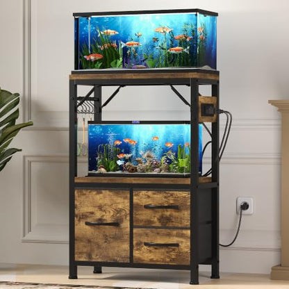 Heybly 5-10 Gallon Fish Tank Stand, Aquarium Stand with Drawer, Power Outlet, Heavy Duty Metal Frame, for Fish Tank, Turtle & Reptile Terrarium, 20.5" × 10.2" Top, 200lbs, Rustic Brown HAS002SSR-1 - color: Rustic Brown, size: 5-10 gal