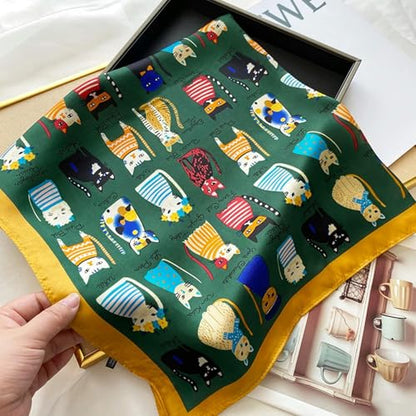 Square Silk Scarf Women Shawl Headbands Small Soft Neckkerchief Cat Print Bandana Satin Hijab Scarves - color: 1