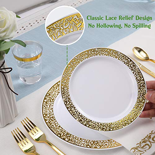 FOCUSLINE 175 Ct Gold Dinnerware Set for 25 Guests, Plastic Plates with Gold Lace Rim Design, Including 25 Disposable Dinner & Dessert Plates, Cups, Napkins, Cutlery Set - color: Gold Dinnerware Set