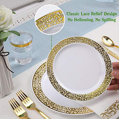 FOCUSLINE 175 Ct Gold Dinnerware Set for 25 Guests, Plastic Plates with Gold Lace Rim Design, Including 25 Disposable Dinner & Dessert Plates, Cups, Napkins, Cutlery Set - color: Gold Dinnerware Set