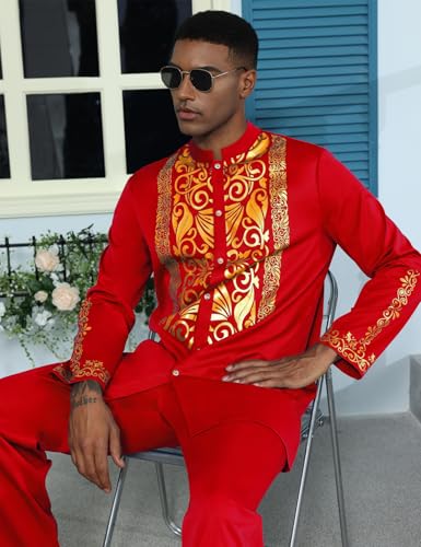 Mens African 2 Piece Sets Dashiki Metallic Traditional Suit Gold Stamp Printed Shirt and Pants Outfit - color: Red, size: XX-Large