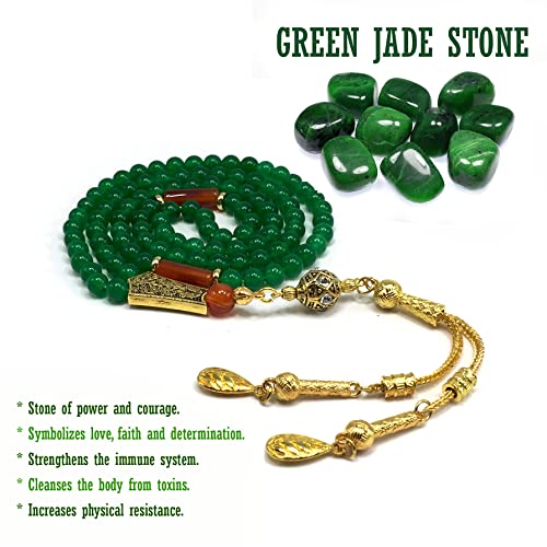 Special Prayer Beads Series -99 beads- Tesbih Tasbih Tasbeeh Misbaha Masbaha Subha Sebha Sibha (GREEN JADE NATURAL STONE & GOLD TASSEL -6 mm 99 small beads-) - color: GREEN JADE NATURAL STONE & GOLD TASSEL -6 mm 99 small beads-