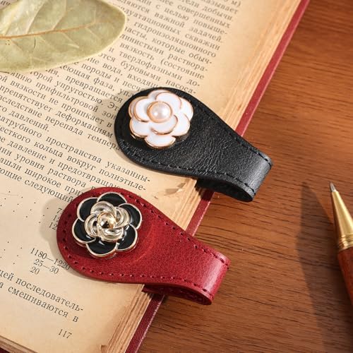 2PCS Magnetic Bookmarks with Pen Clip, Leather Bookmarks for Women, Magnetic Pen Holder Book Accessories, Gold Camellia - style: Gold Camellia