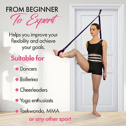 Stretching Strap With Door Anchor - Stretching Equipment to Improve Legs Flexibility - Splits Trainer For Home Ideal In Ballet, Dance, Cheerleading, Taekwondo, Yoga, Pole Dancing & Gymnastics - color: Purple
