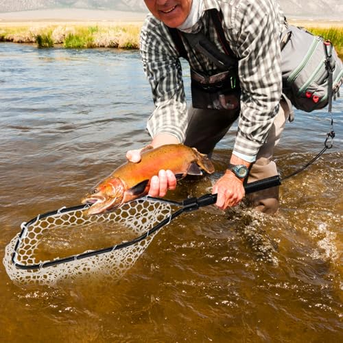 Fly Fishing Landing Net, Soft Rubber Mesh Bass Trout Net with Collapsible Handle and Magnetic Release, Folding Catch and Release Net for Freshwater, Fly Fishing Gear Accessories
