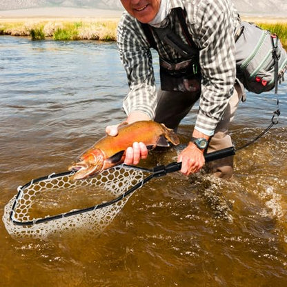 Fly Fishing Landing Net, Soft Rubber Mesh Bass Trout Net with Collapsible Handle and Magnetic Release, Folding Catch and Release Net for Freshwater, Fly Fishing Gear Accessories