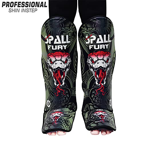Muay Thai Shin Guards for Kickboxing Martial Arts BJJ Boxing Equipment MMA Training and Sparring Leg Guard with Instep Protection Pads - color: Fury-Green, size: Large/Xlarge