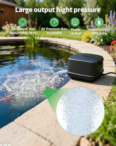 Pond Aerator, 640GPH High-Volume Pond Air Pump for 1000-3000 Gallon Ponds, Ultra-Quiet Septic Aerator IP65 Waterproof for Koi Pond, Water Garden, Fish Tank & Winter Ice Prevention P840
